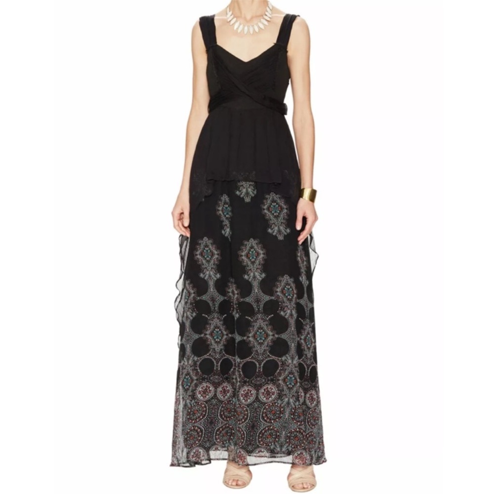 FREE PEOPLE Belladonna Print Chiffon V-Neck Sleeveless Long Dress Black Combo, 2